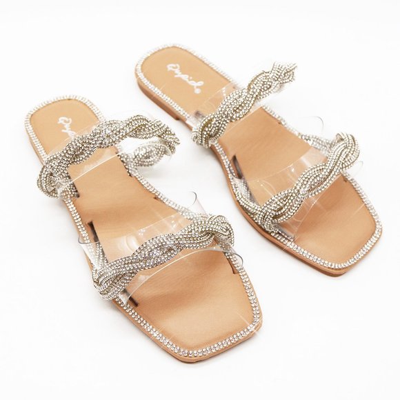 NEW Double Clear Strap Twisted Sparkly Bling Rhinestone Slip On Slides Sandals - Picture 3 of 15